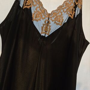 Vintage Black Night Gown, Gold Embroidered V neck line,  Special evenings